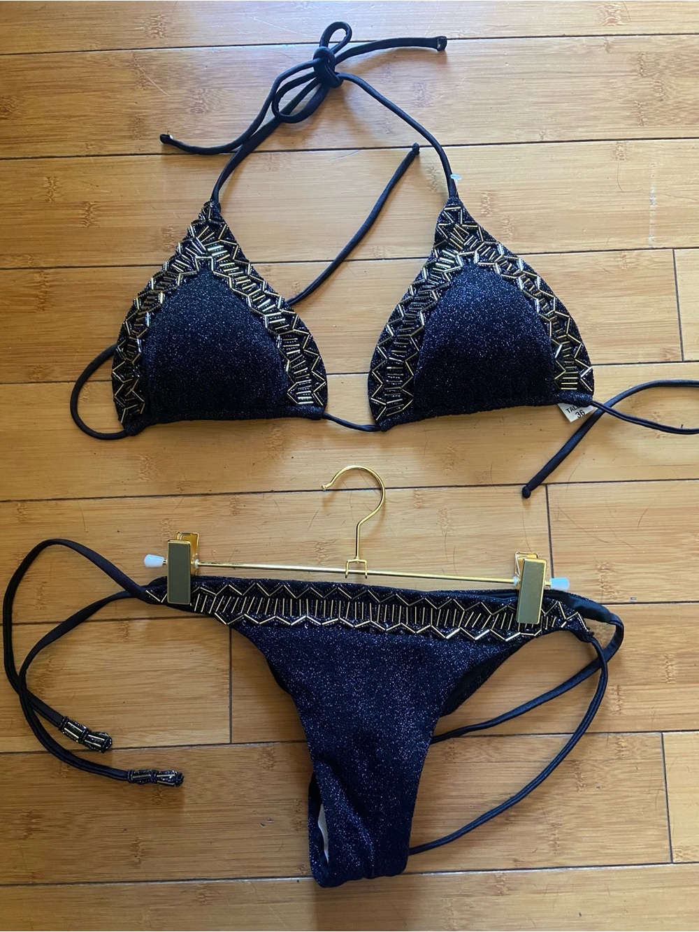 Colombian Beaded Swim  Black Glitter Triangle Bikini with Gold Beaded Trim